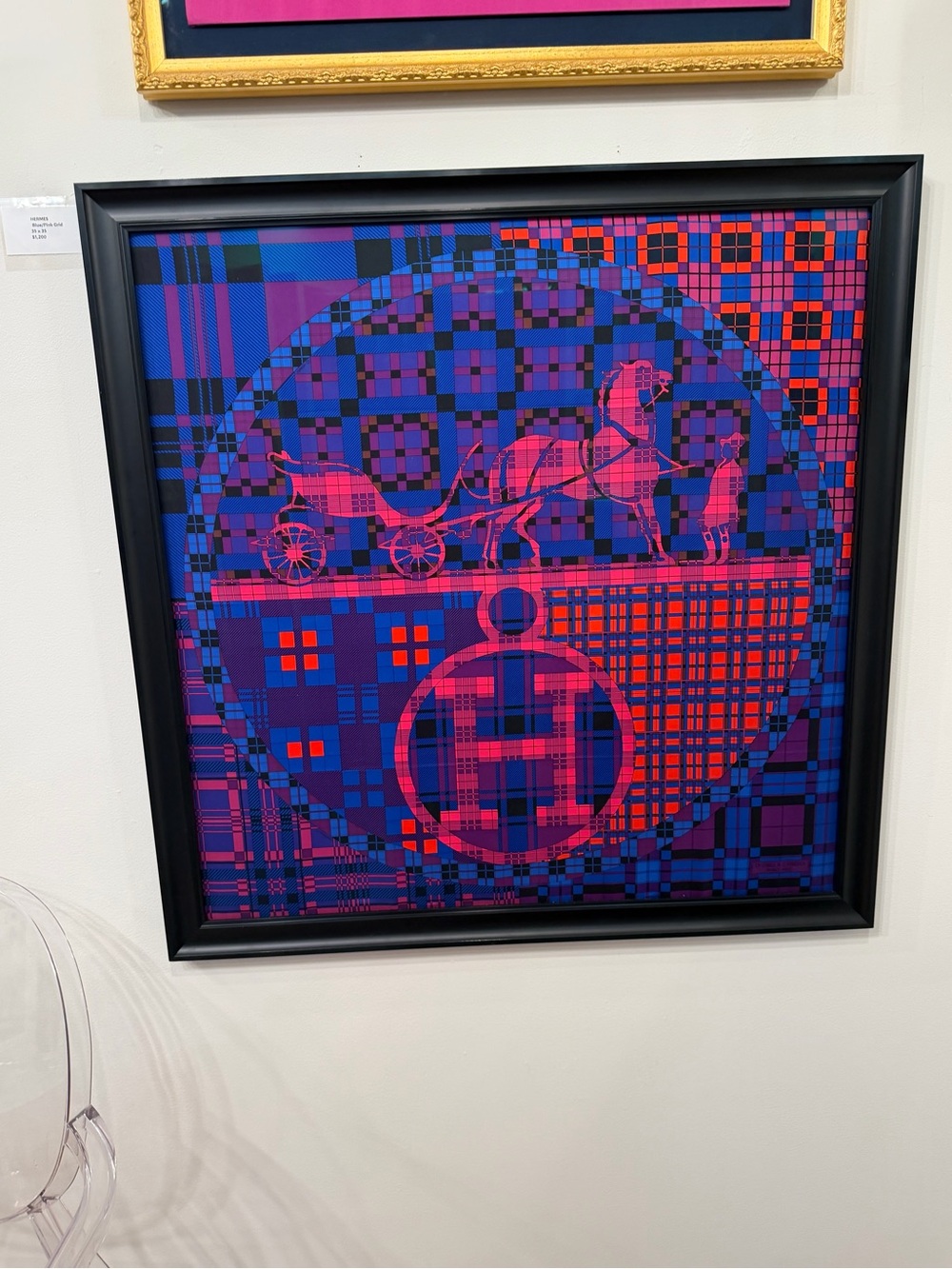 Hermes Blue and Magenta Plaid Equestrian Wall Art Framed